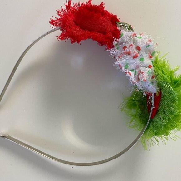 Red Green and White Boutique Christmas Frayed Rossette Headband with Rhinestone - Picture 5 of 9
